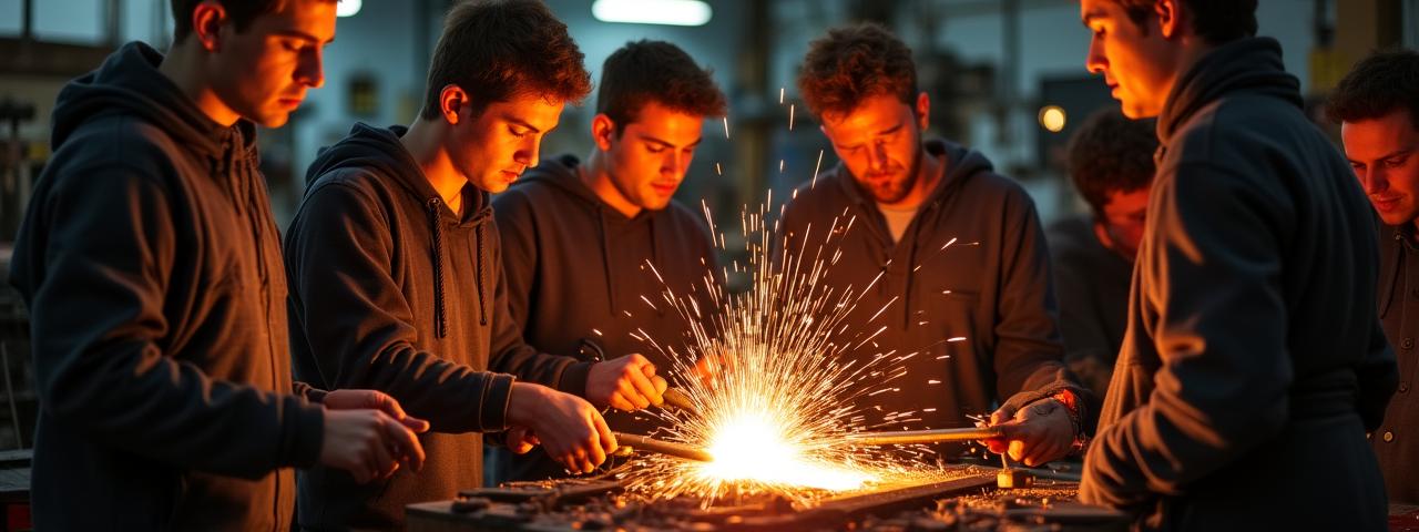 Participants forging metal at Aetherium Forge workshop in Dublin